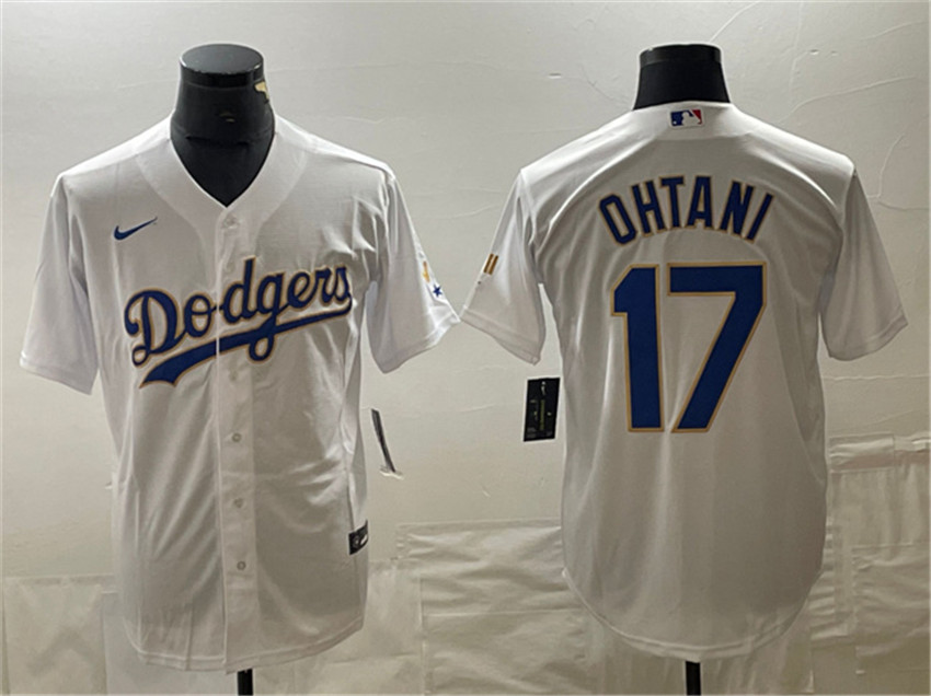 Men's White/Gold Los Angeles Dodgers #17 Shohei Ohtani Cool Base With Patch Stitched aseball Jersey